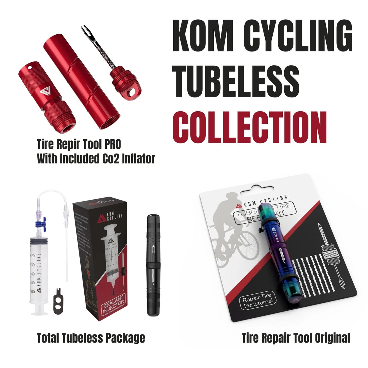 KOM Cycling Tubeless Tire Repair Kit for Bikes – 8 Colors! One Size, Black