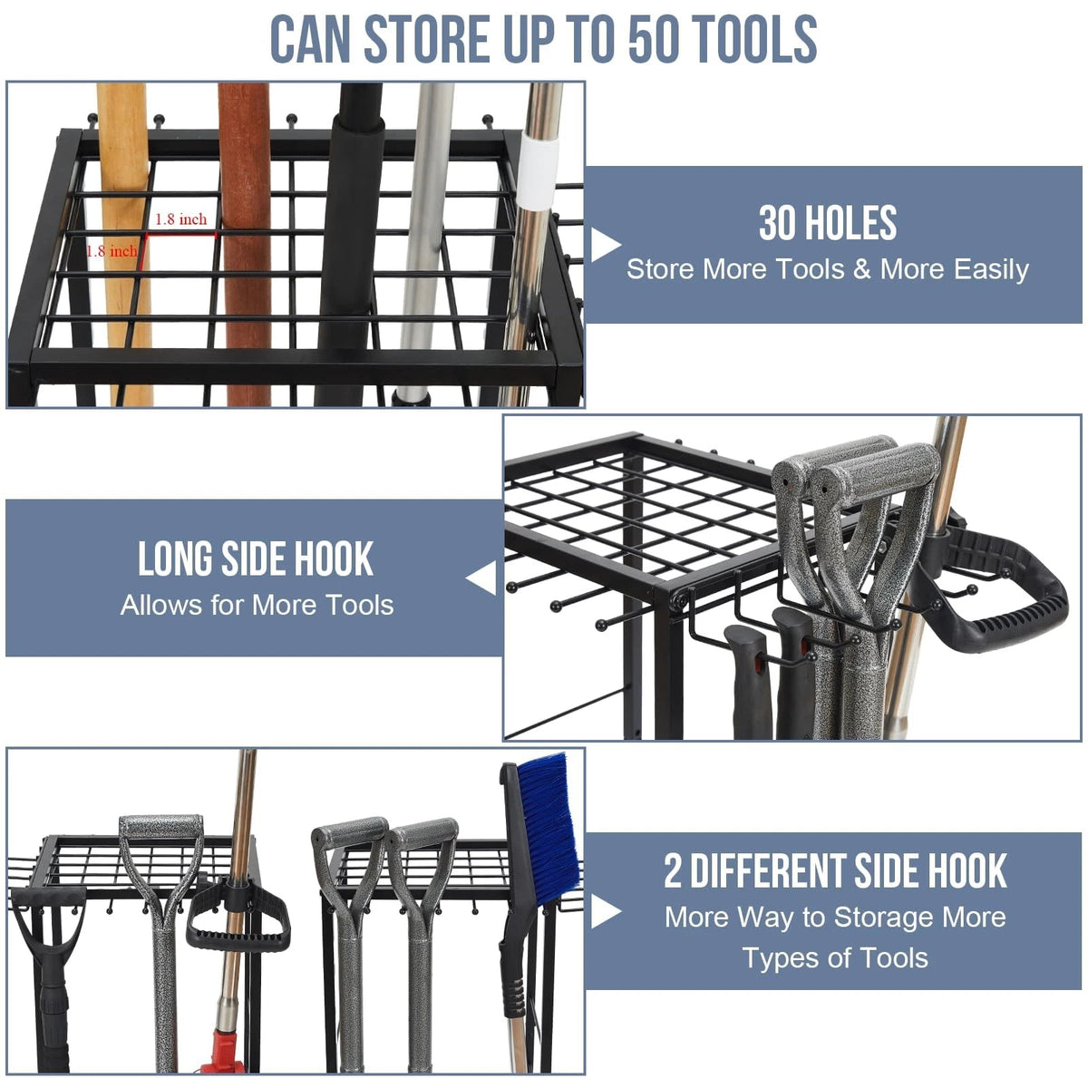 Garden Tool Organizer Holds 50 Long-Handled Corner Organizer, Black
