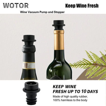 WOTOR Wine Saver Vacuum Pump with 4 Stoppers, 1 + 4 Black