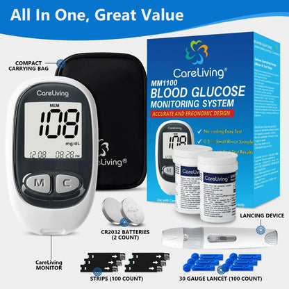 CareLiving MM1100 Blood Glucose Monitor Kit with 100 Test Strips, 100 gray