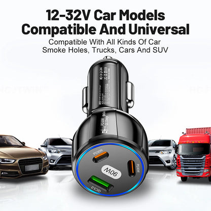 3 Port 90W Car Charger PD 30W QC3.0 Type C Cigarette Lighter USB Charger