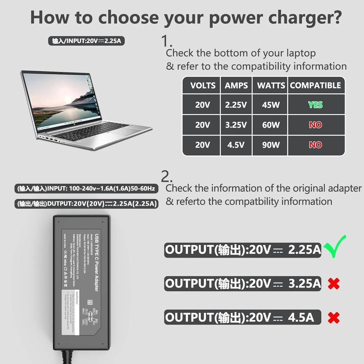 Universal Chromebook Charger-45W USB-C Power Adapter Compatible 45W USB C