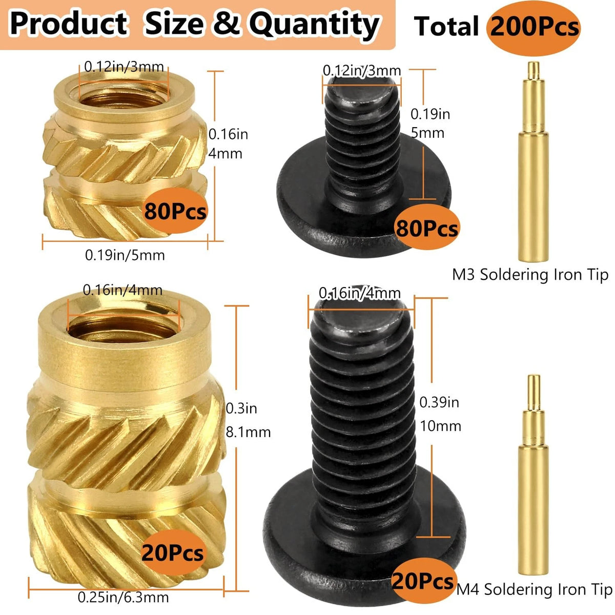 QSJ 200Pcs Threaded Insert Bolt Kit 1 M3 M4 & Black Bolt,