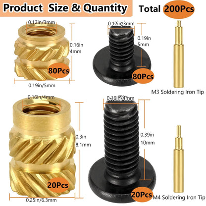 QSJ 200Pcs Threaded Insert Bolt Kit 1 M3 M4 & Black Bolt,