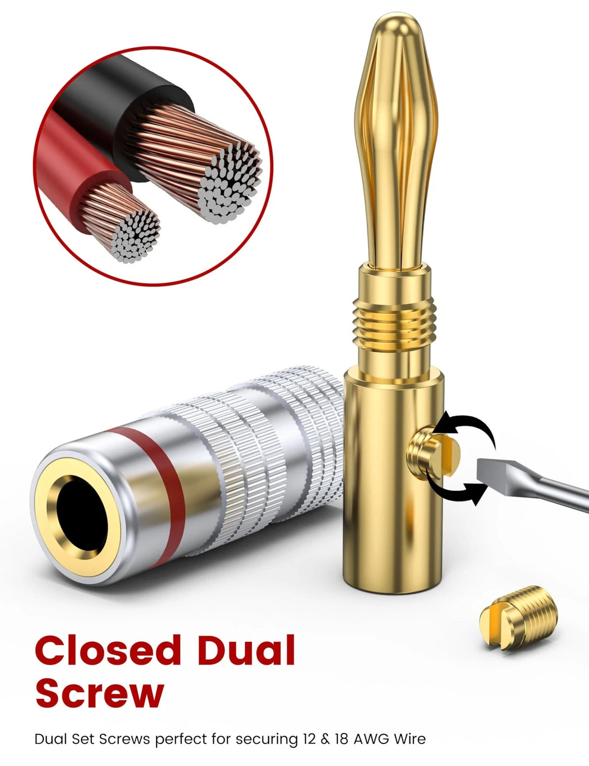 MOSWAG Banana Plugs for Speaker Wire (4 Pairs/8 pcs), Brass 4 Pairs, Gold