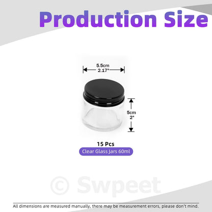 Swpeet 15 Packs 2 oz - 60ML Transparent Glass Jar with Black Lid 60ML,