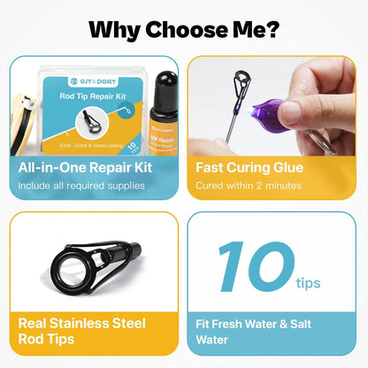 Fishing Rod Tip Repair Kit with Glue, Complete Large, Quick Fix
