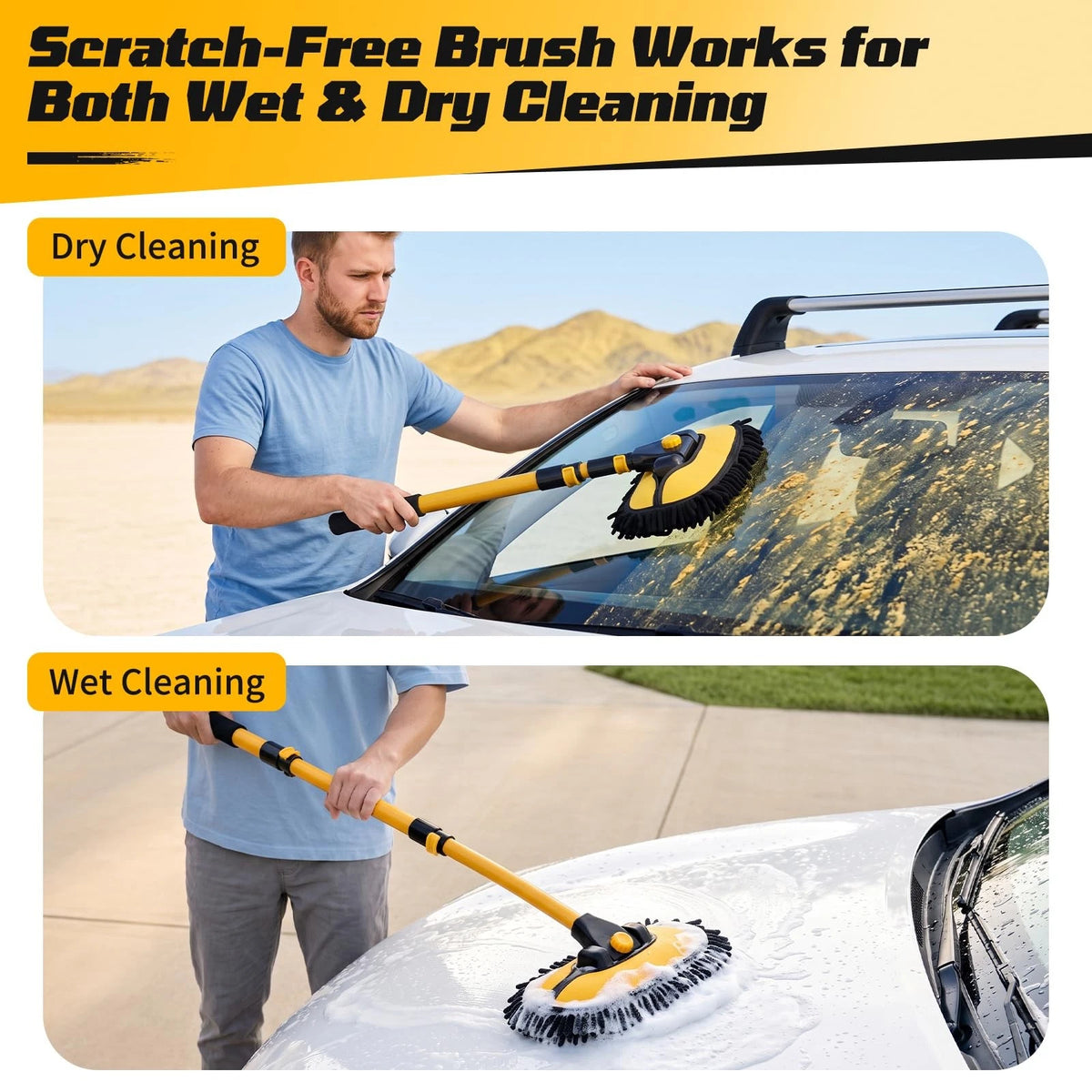 Ordenado 15° Curved Car Wash Brush with Long Handle, 22.8", Black and Yellow