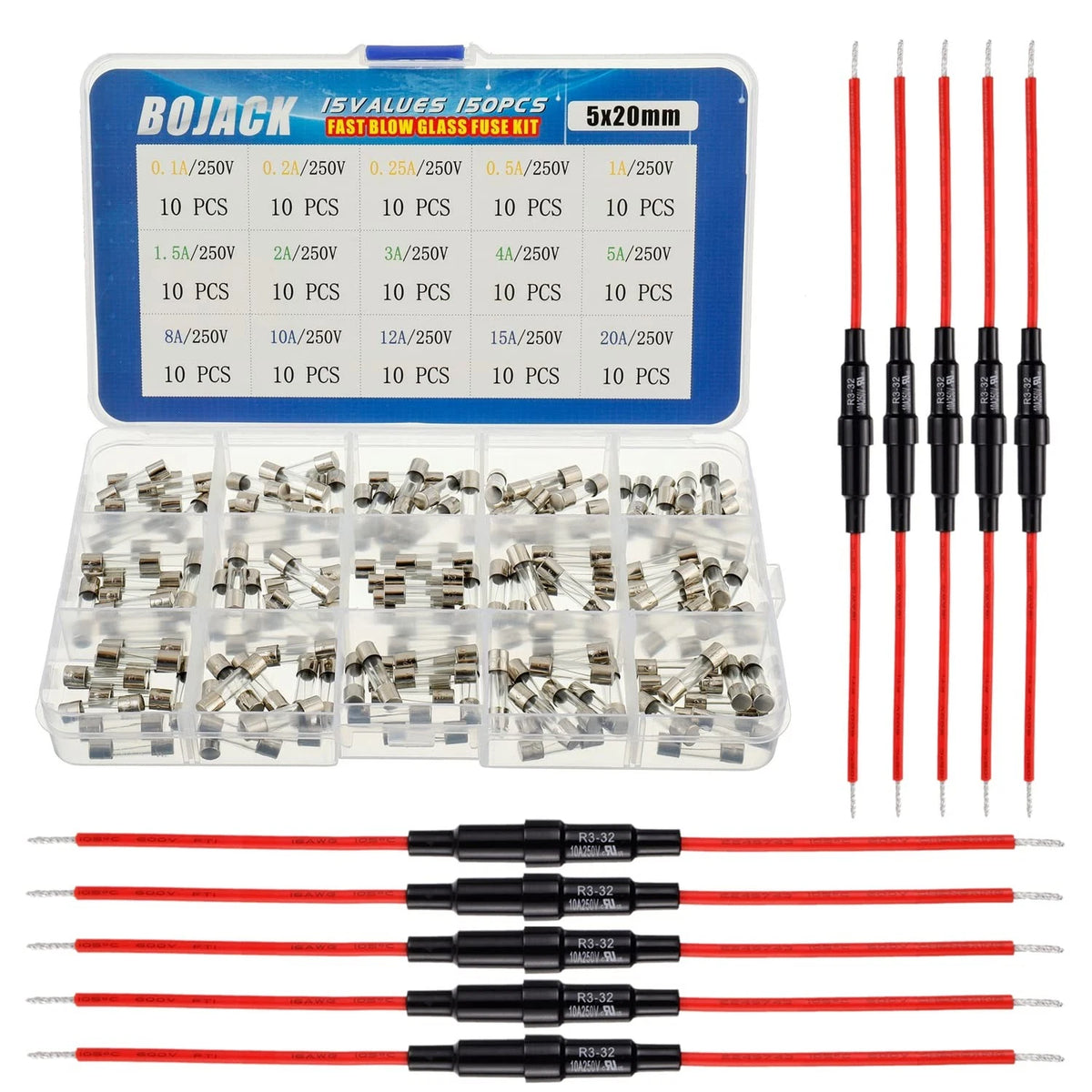 BOJACK 5x20 mm Fuse Holder Inline Screw Type with 16 AWG Red Wire + 15...