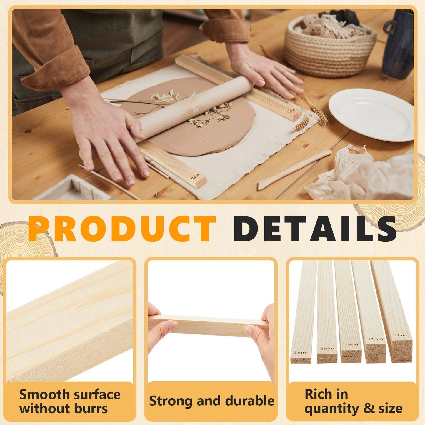 Sasyl 10 Pcs Pottery Teaching Rolling Mud Stick Guide 5 Size, Wood Color
