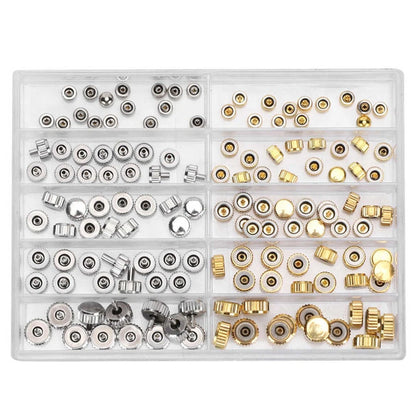 100Pcs Brass Watch Crown Watchmaker Repair Spare Parts Silver&Gold Heads Box D