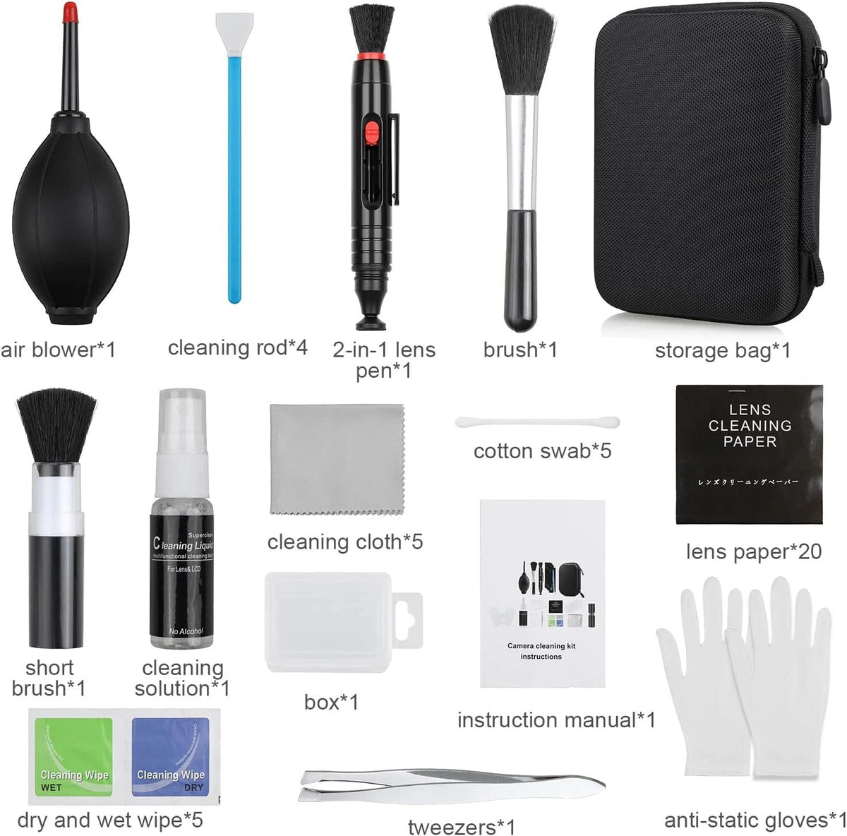 14-in-1 Camera Lens Cleaning Kit - Mirrorless & DSLR Sensor 14 IN 1, Black