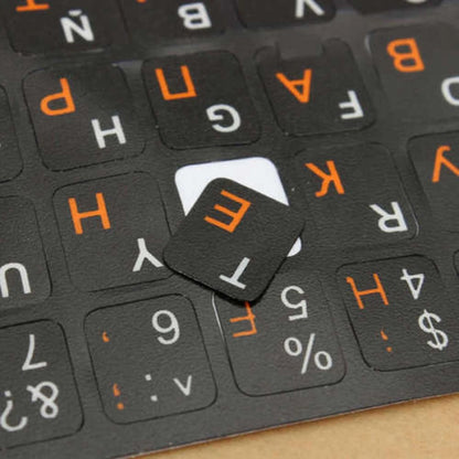 2Pcs Plastic Russian Standard Keyboard Layout Sticker Orange Letters on Black.