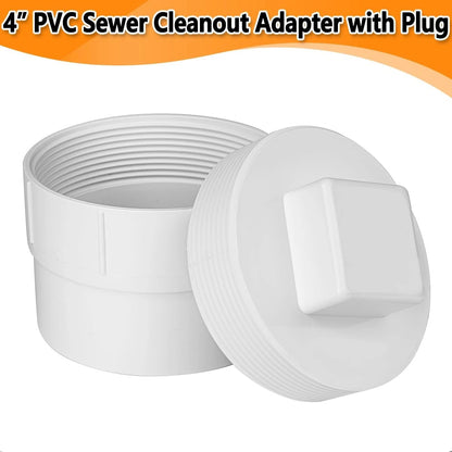 4" PVC Sewer Cleanout Adapter with Plug Pipe Fitting, DWV 4 inches, White