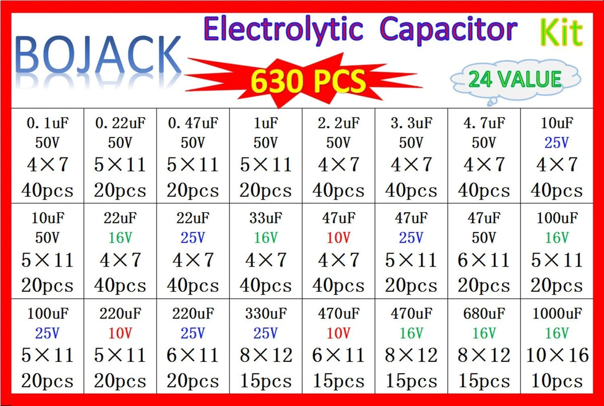 BOJACK 24Value 630pcs Aluminum Electrolytic Capacitor Assortment Box Kit...