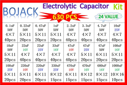 BOJACK 24Value 630pcs Aluminum Electrolytic Capacitor Assortment Box Kit...