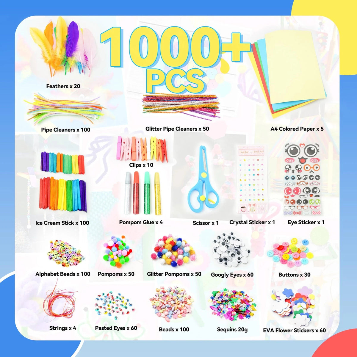 SMILESSKIDDO Kids Arts and Crafts, 1000+ PCS Craft Kits with Storage Box blue