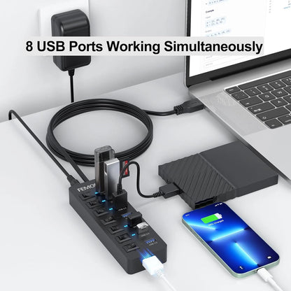 Powered USB Hub 3.0, 5Gbps Data Transfer 7 1 Pack, 7 3.0 +1 Charging