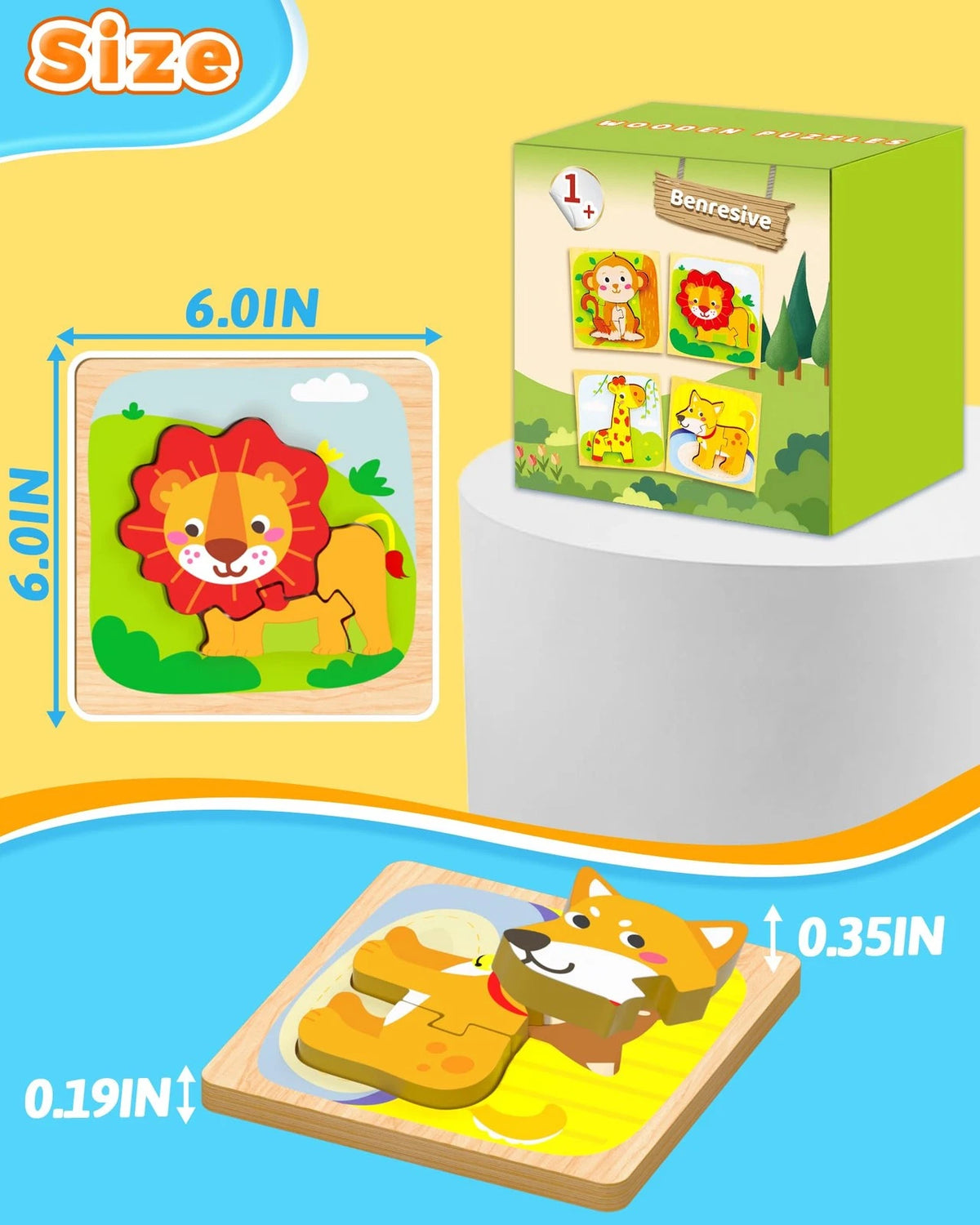 Benresive Wooden Toddler Puzzles, 4pcs Animal Montessori Toys for 1-3 Medium