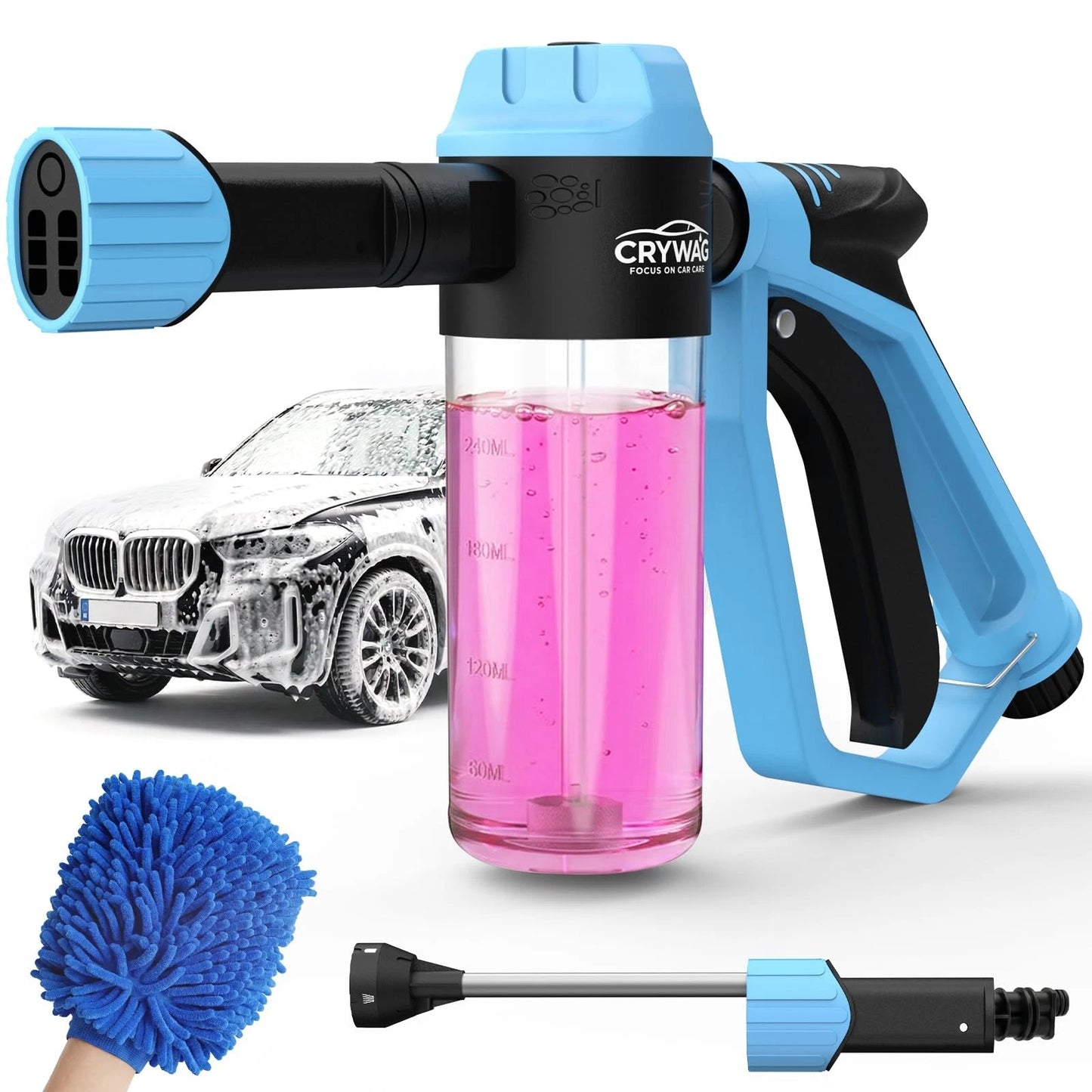 Car Wash Foam Gun for Garden Hose, with Microfiber Universal Size, Blue