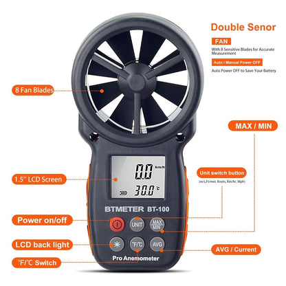 BTMETER BT-100 Handheld Anemometer, Digital Wind Speed CFM Anemometer