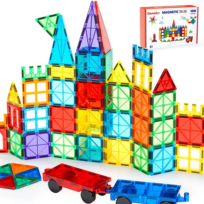 Gemmicc 100 PCS Magnetic Tiles with 2 Cars, STEM Approved 100 pcs, Multicolor