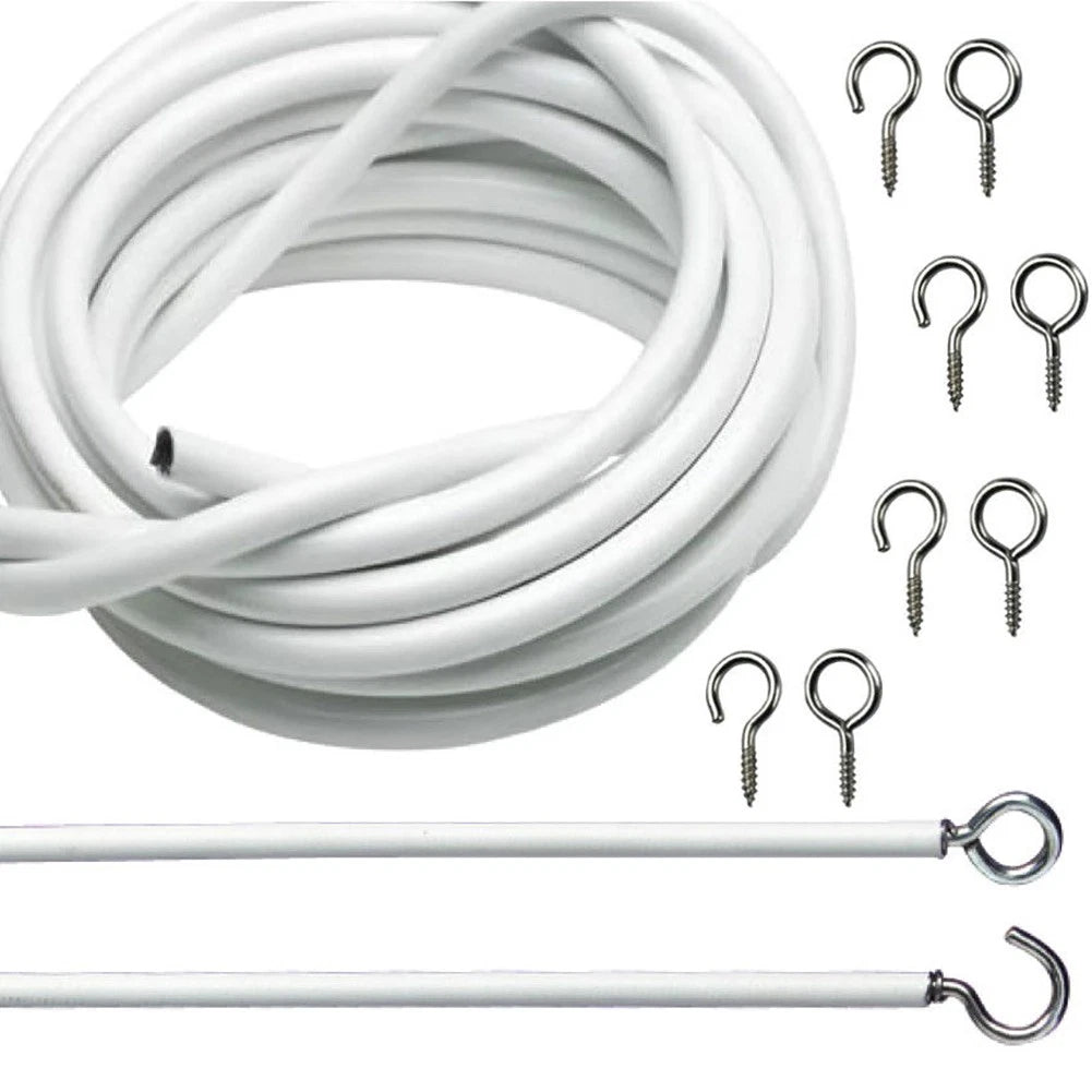 3m White Expanding Wire Cord Cable w/ 4 Hooks & 4 Eyes For Light Weight Curtain/