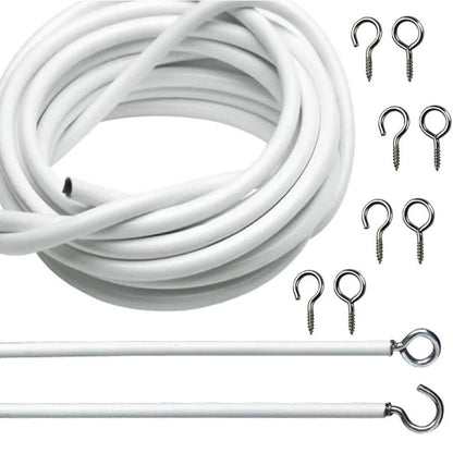 3m White Expanding Wire Cord Cable w/ 4 Hooks & 4 Eyes For Light Weight Curtain/