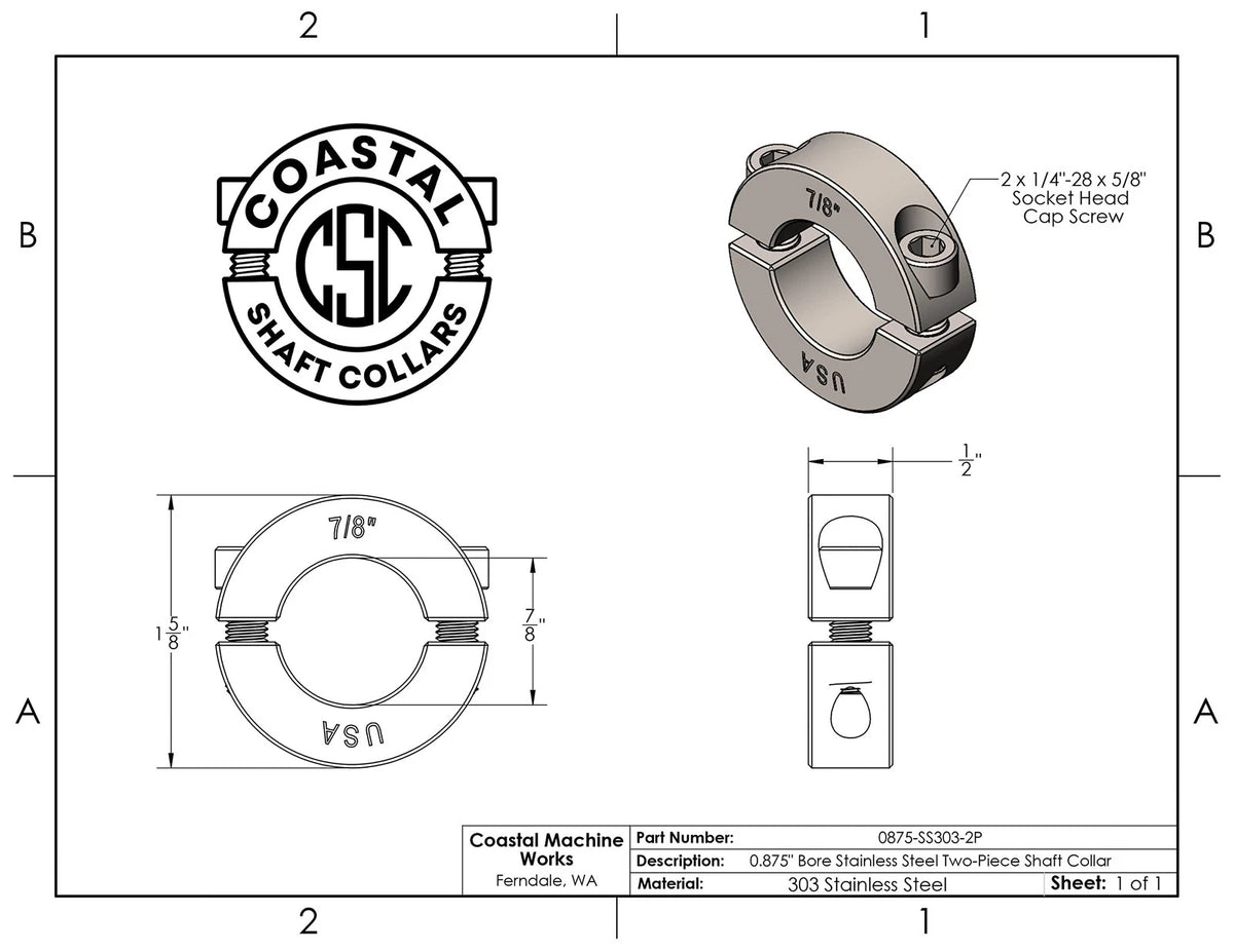 Coastal Shaft Collars - 0.875" Bore Diameter - Clamping Two Piece