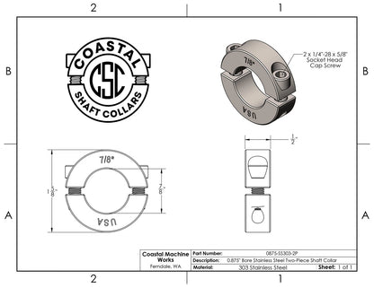 Coastal Shaft Collars - 0.875" Bore Diameter - Clamping Two Piece