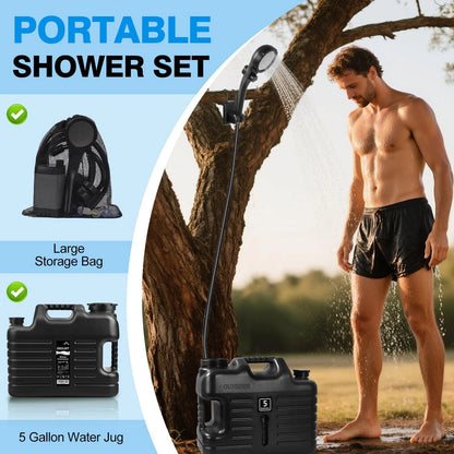 Portable Camping Shower with 5 Gallon Water Jug, 6000mAh 5 Gallon, Black