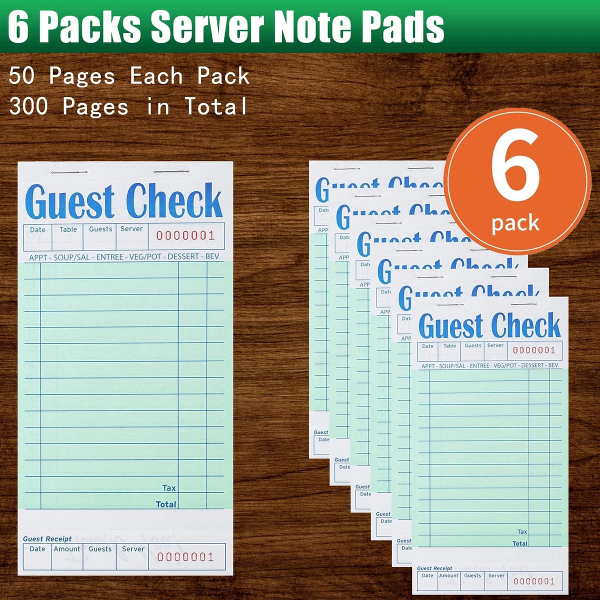 Guest Check Books 6 Pack, Checks for Servers, 6 Pack/300 Sheets, Green