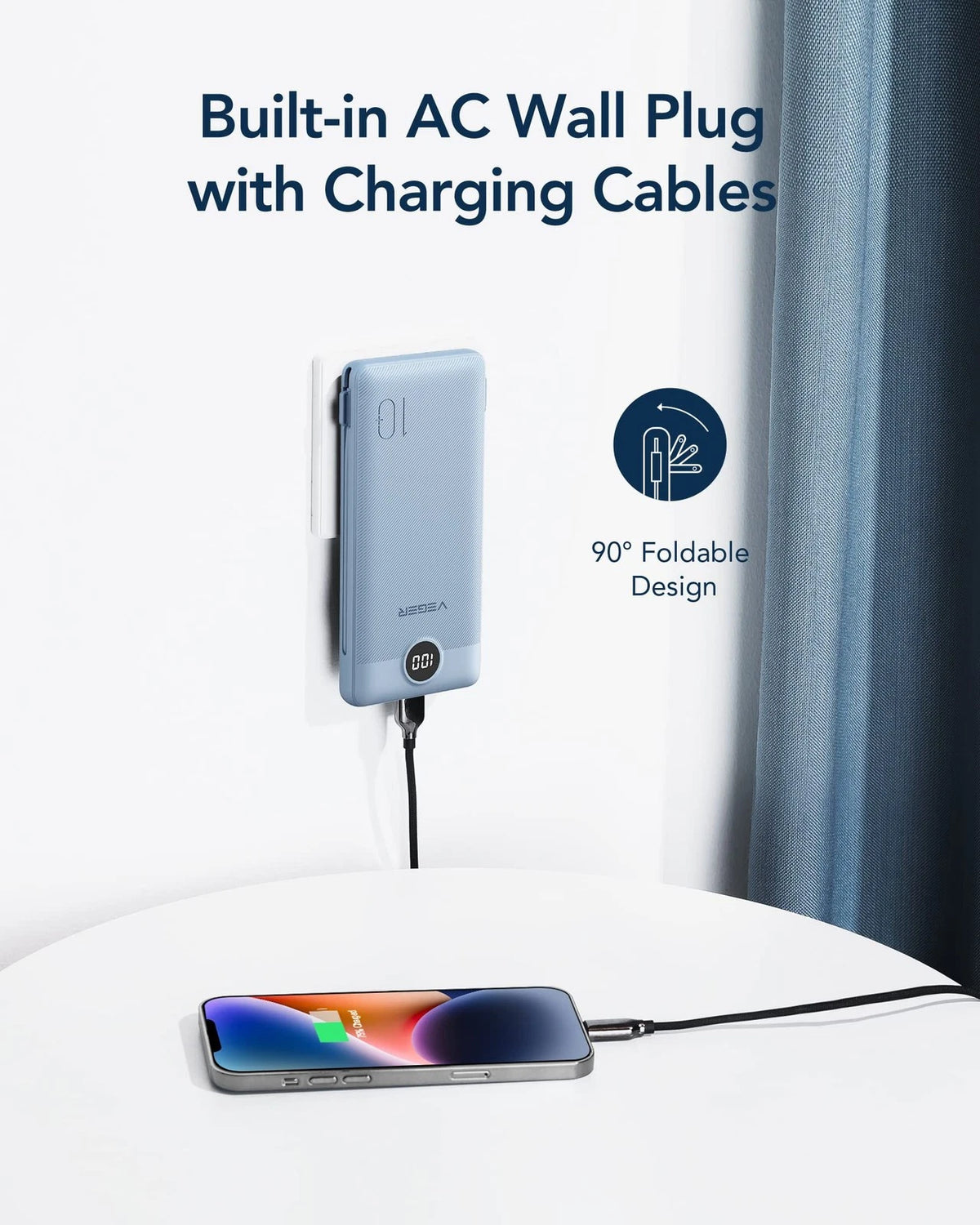VEGER Portable Charger for iPhone Built in Cables and Wall Plug, D Blue