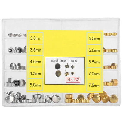 100Pcs Brass Watch Crown Watchmaker Repair Spare Parts Silver&Gold Heads Box D