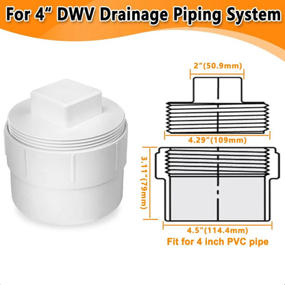 4" PVC Sewer Cleanout Adapter with Plug Pipe Fitting, DWV 4 inches, White
