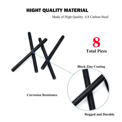 8pcs Black Zinc Fully All Threaded Rod Carbon Steel Black-Zinc 5/16x4 Inch-8P