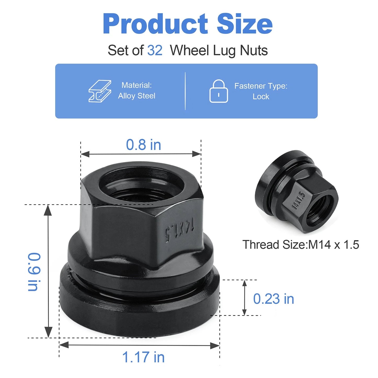 32PCS Black Wheel Lug Nuts 14x1.5 Flat Washer Fit Ford F250 F350 2003-2023