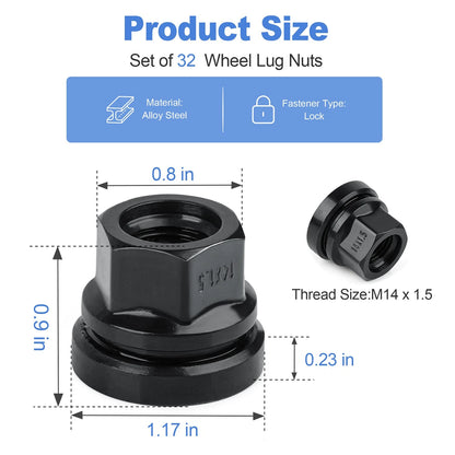 32PCS Black Wheel Lug Nuts 14x1.5 Flat Washer Fit Ford F250 F350 2003-2023