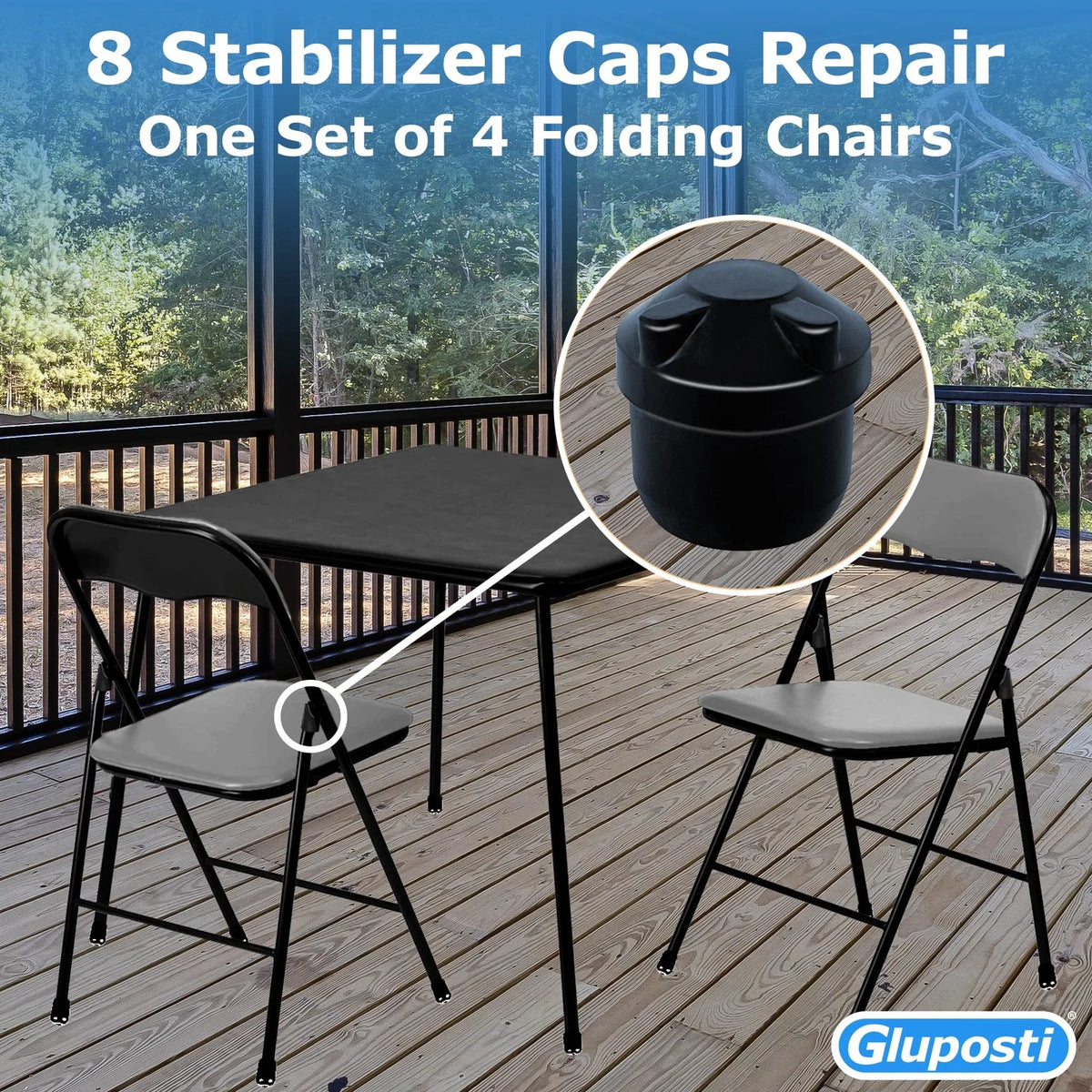 Gluposti 8 Folding Chair V-Tip Stabilizer Caps, Plug Top Black