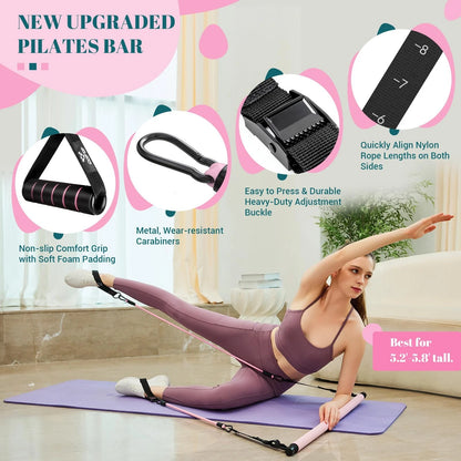 Pilates Bar Kit with Resistance Bands, Multifunctional Yoga One Size, Pink