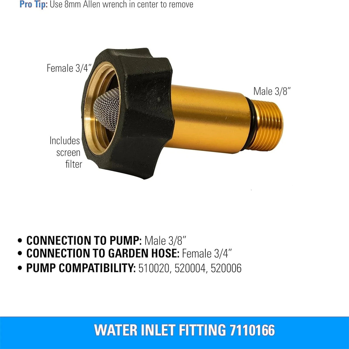 1 Pcs 7110166 Pressure Washer Pump Parts Water Inlet 3/8" and "3/4, Gold