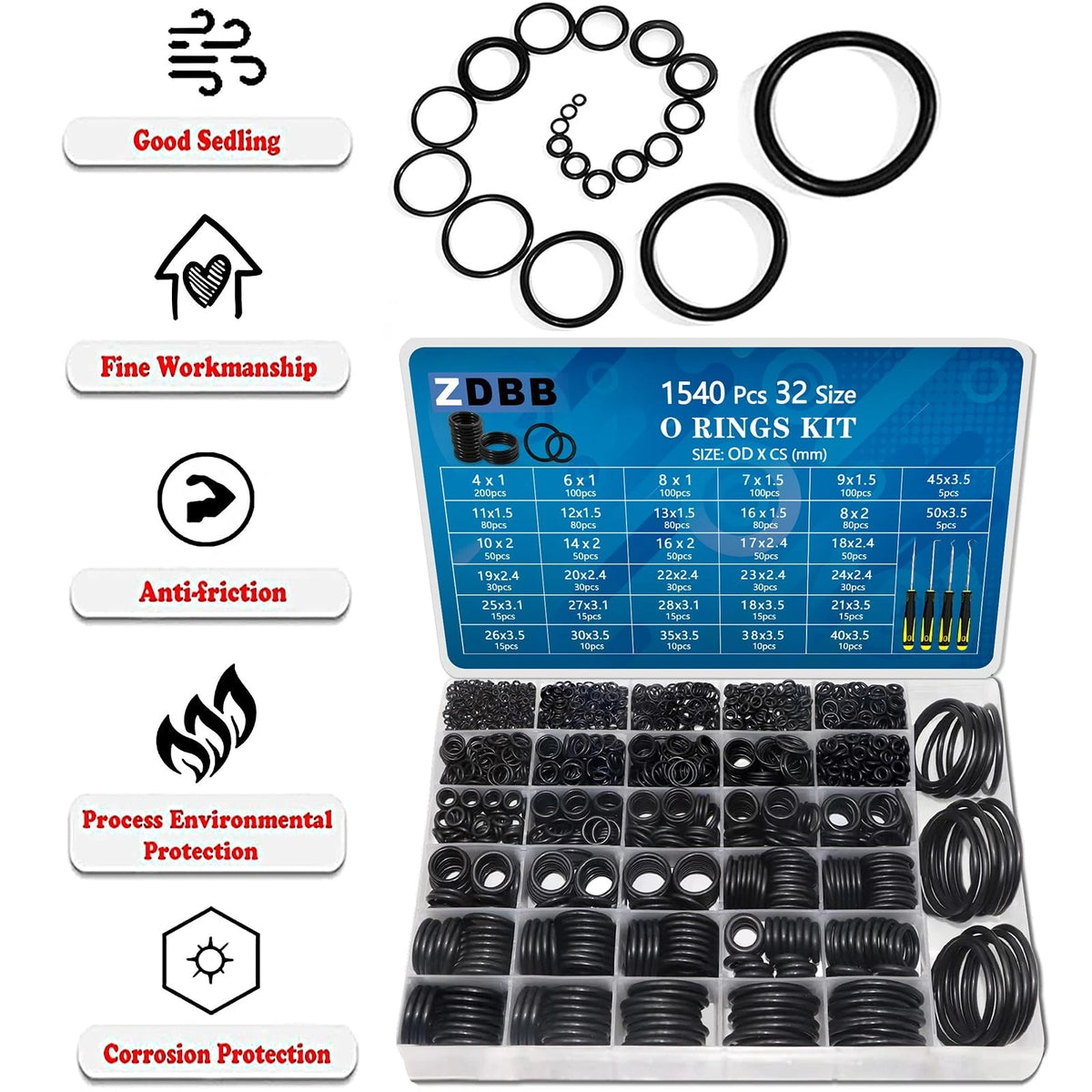 ZDBB 32 Size 1540 Pcs O Rings Assortment Kit Metric Nitrile Rubber black