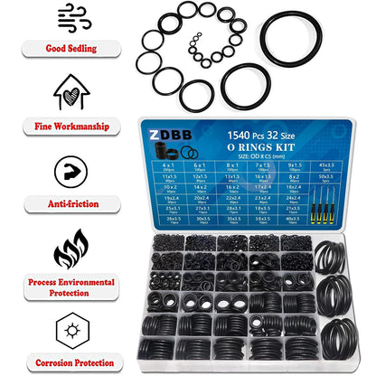 ZDBB 32 Size 1540 Pcs O Rings Assortment Kit Metric Nitrile Rubber black