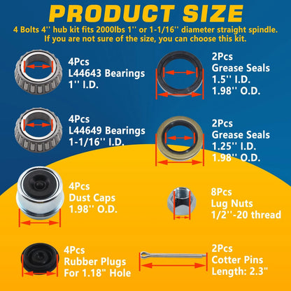 GREPSPUD 2 Sets 4 on 4'' Trailer Hub 4x4'' Kit for 2000 lbs Axle - 2Sets