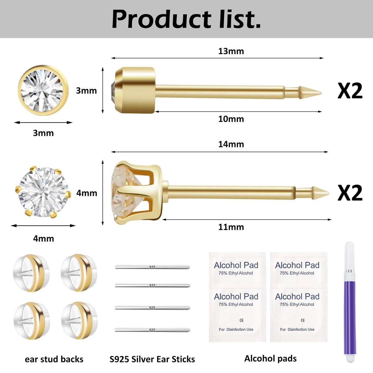 Makalong 4pcs Ear Piercing Kit Gold, Disposable Kit, Easy 1, golden