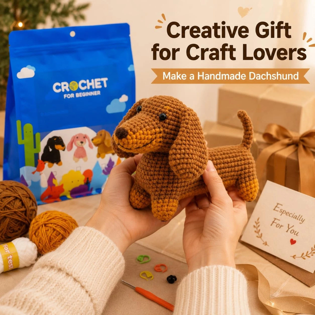 Nikolle Dachshund Crochet Kit for Beginners, Amigurumi Animal Dog, Brown