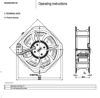 Ebmpapst W3G200-HD01-03 EC Axial Fan 230V 54W 590CFM 225*225*80MM Cabinet Fan