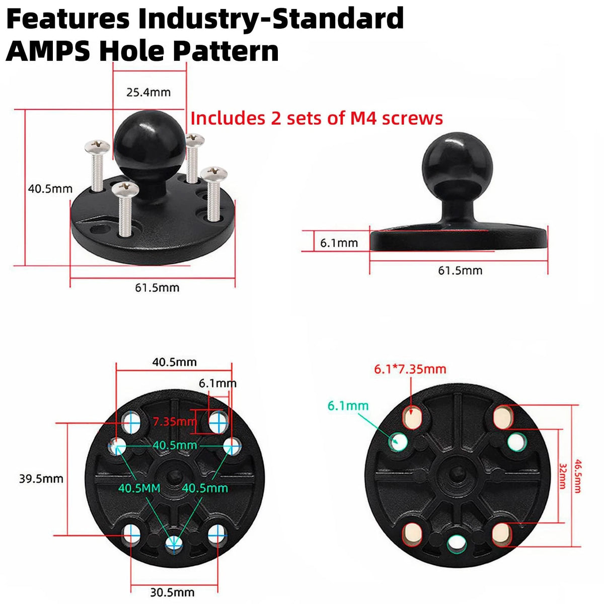 FPN 1" Ball Double Socket Arm with AMPS Hole Round Plate Base, 4.53" Length