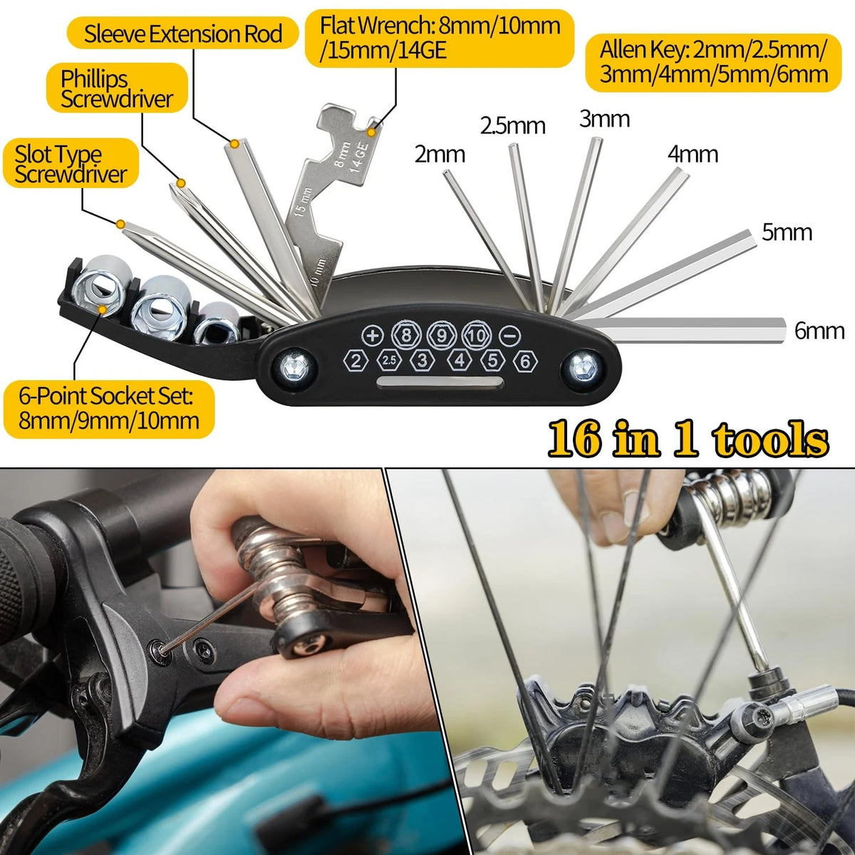 Bike Repair Kit, Tire Multi-Tool+Inflator+Tire Black