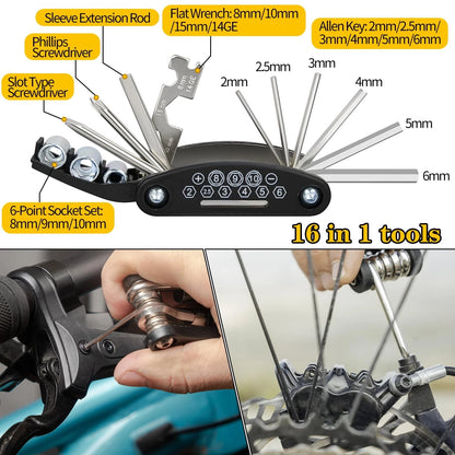 Bike Repair Kit, Tire Multi-Tool+Inflator+Tire Black